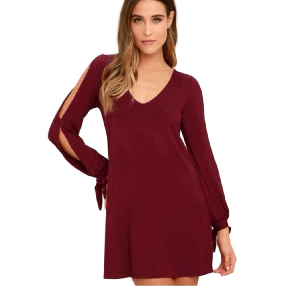 Lulus Glory Of Love Burgundy Split Sleeve Tie Wrist Wine Shift Dress Size Medium